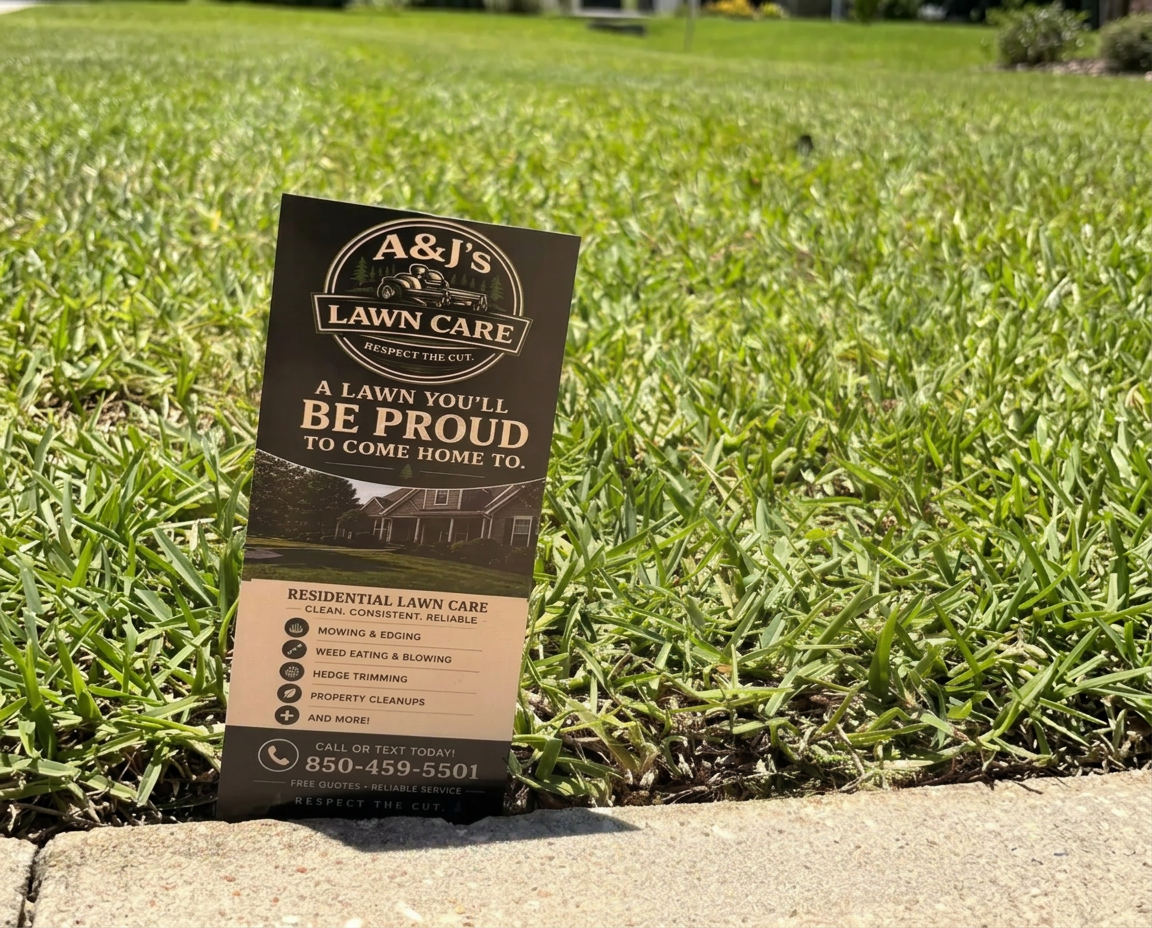 A&J's Lawn Care door hanger standing in freshly cut grass beside a Tallahassee curb